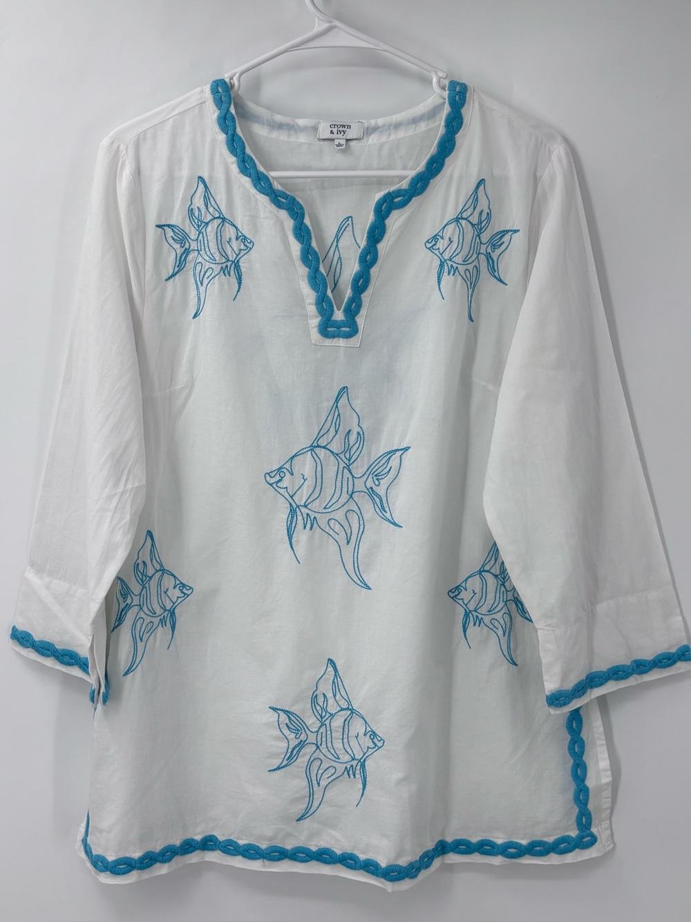 crown & ivy White Tunic with Blue Fish Embroidery